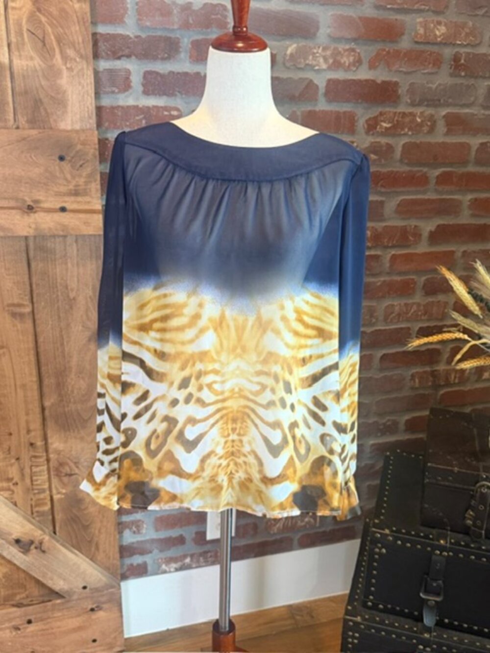 Milano Sheer Navy Animal Print Blouse Size Large | Long Sleeve Semi Sheer Top